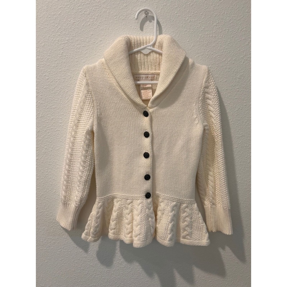 Maggie & Zoe Girls Cream Cable Knit Peplum Cardigan Sweater Shawl Collar Size 4